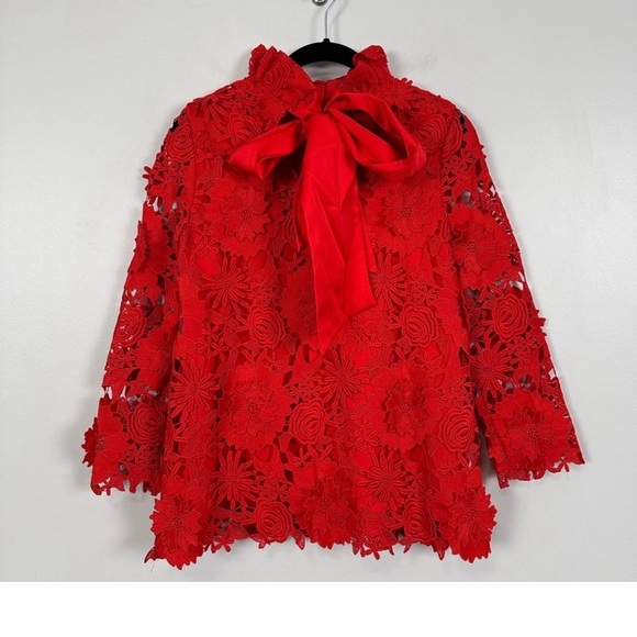 Tuckernuck Faye Red Guipure Lace Blouse XXS NWT Ruffle Bow Back Cocktail Top - Picture 6 of 11